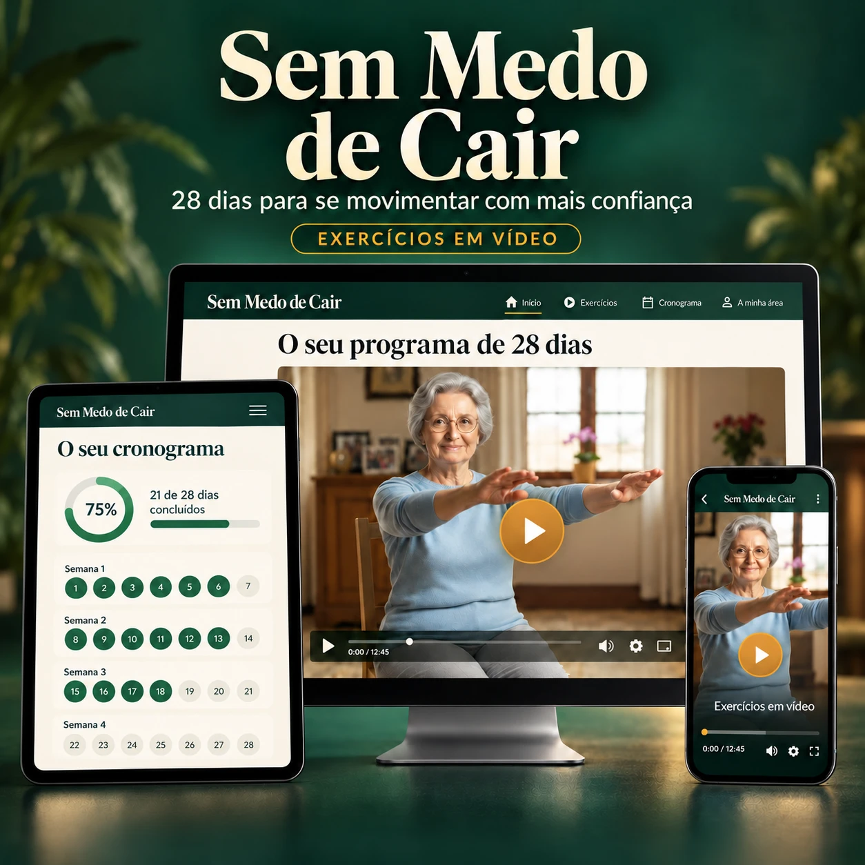 Programa Sem Medo de Cair no computador, tablet e telemóvel, com vídeos de exercícios e cronograma de 28 dias