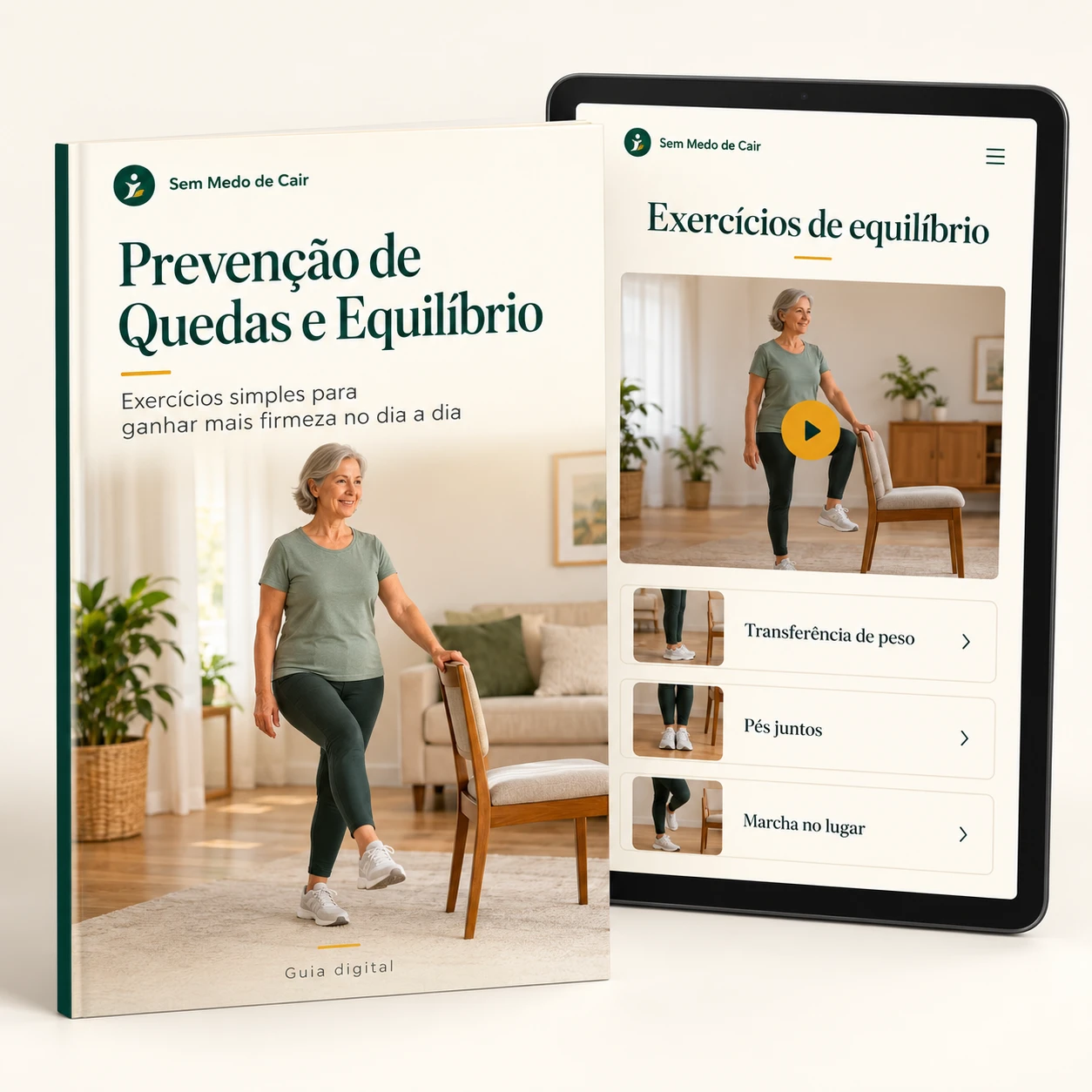 Guia de Prevenção de Quedas e Equilíbrio, em livro e no tablet, com vídeos de exercícios de equilíbrio
