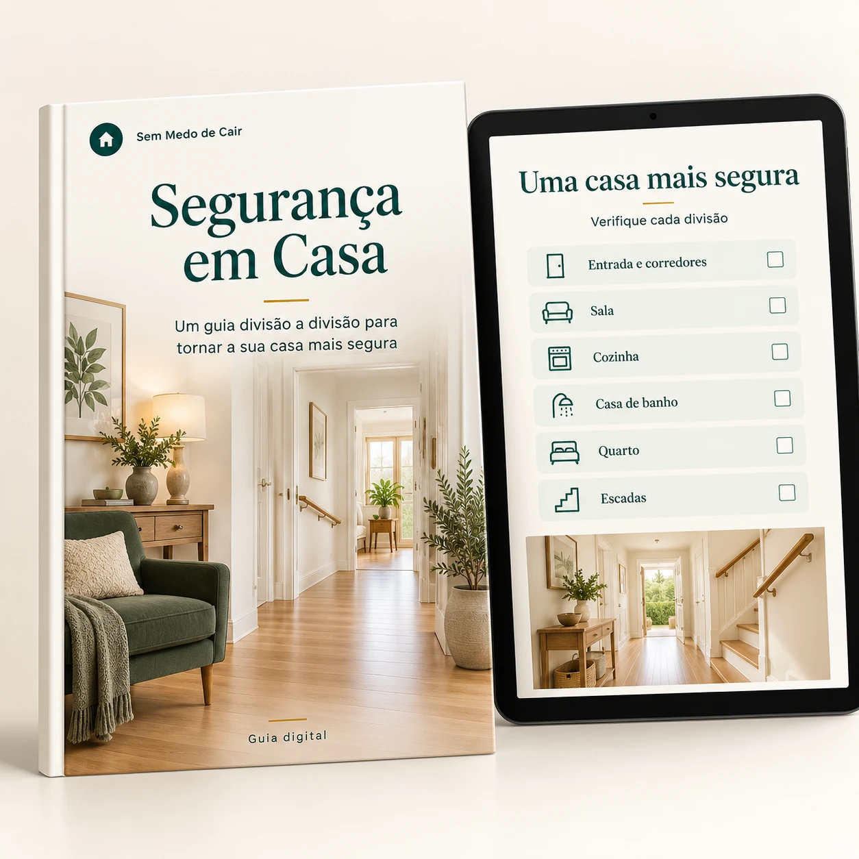 Guia de Segurança em Casa, em livro e no tablet, com lista de verificação divisão a divisão
